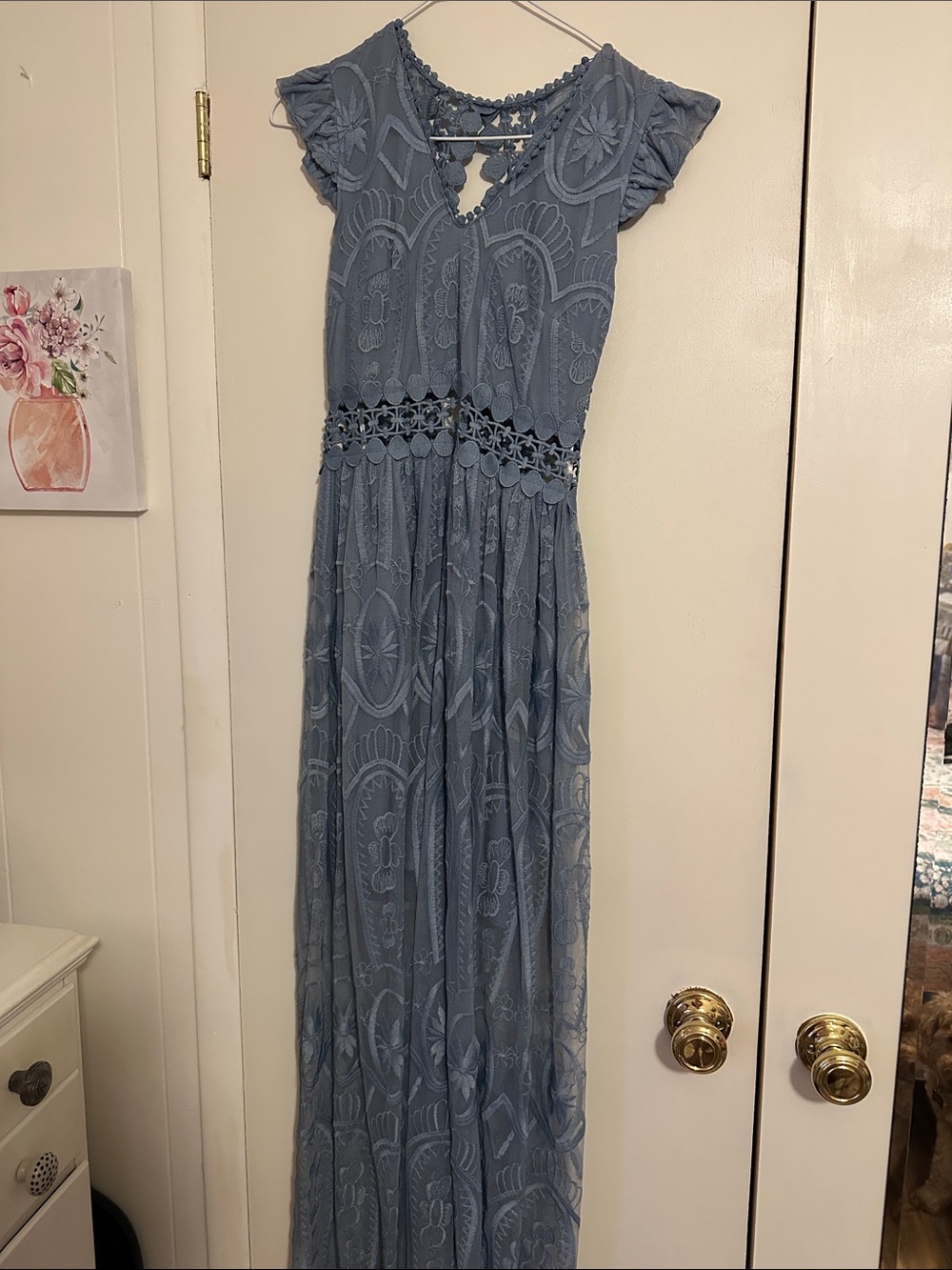the clothing company Dusty Blue Lace Maxi Dress